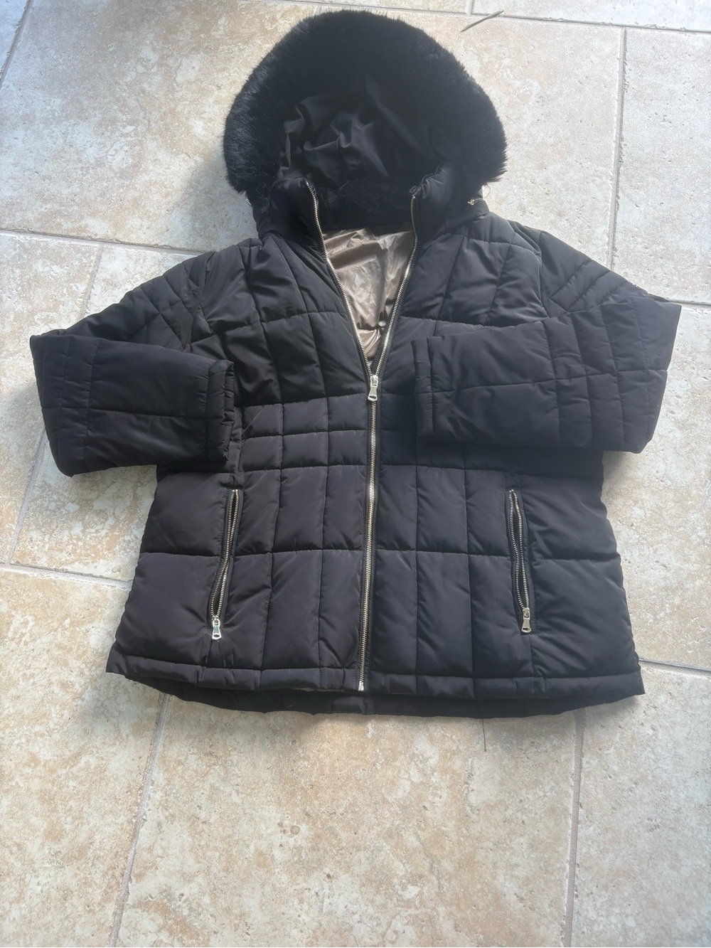 Women’s Calvin Klein 1X Black Quilted Puffer Jacket with removable Faux-Fur Hood